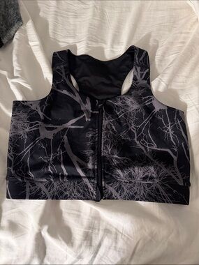 TomboyX Black Sports Bra with Gray Branch Print